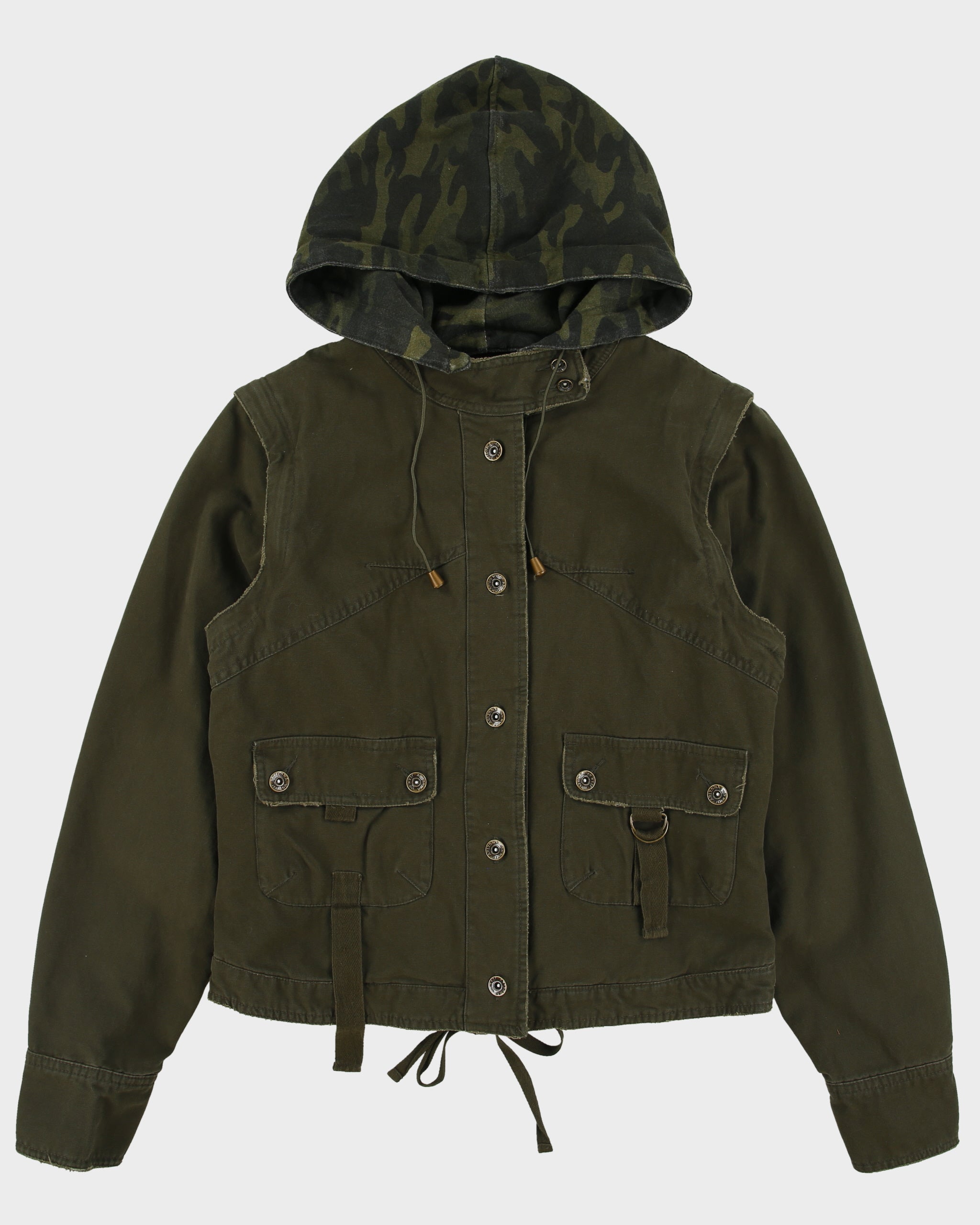 Vintage Y2K 00s Arizona Jeans Women's Khaki Camo Canvas 2-In-1 Cropped Military Jacket - L