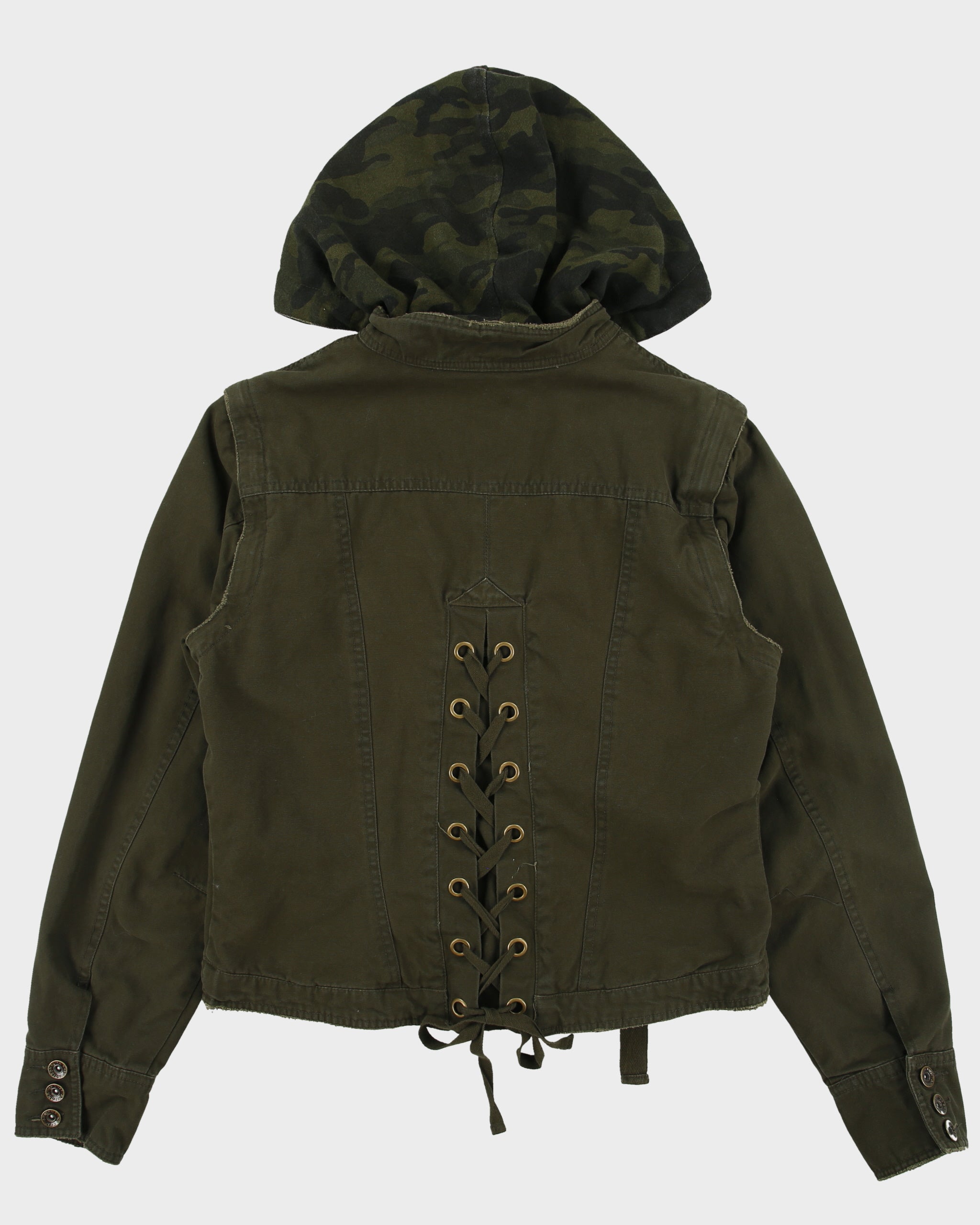 Vintage Y2K 00s Arizona Jeans Women's Khaki Camo Canvas 2-In-1 Cropped Military Jacket - L
