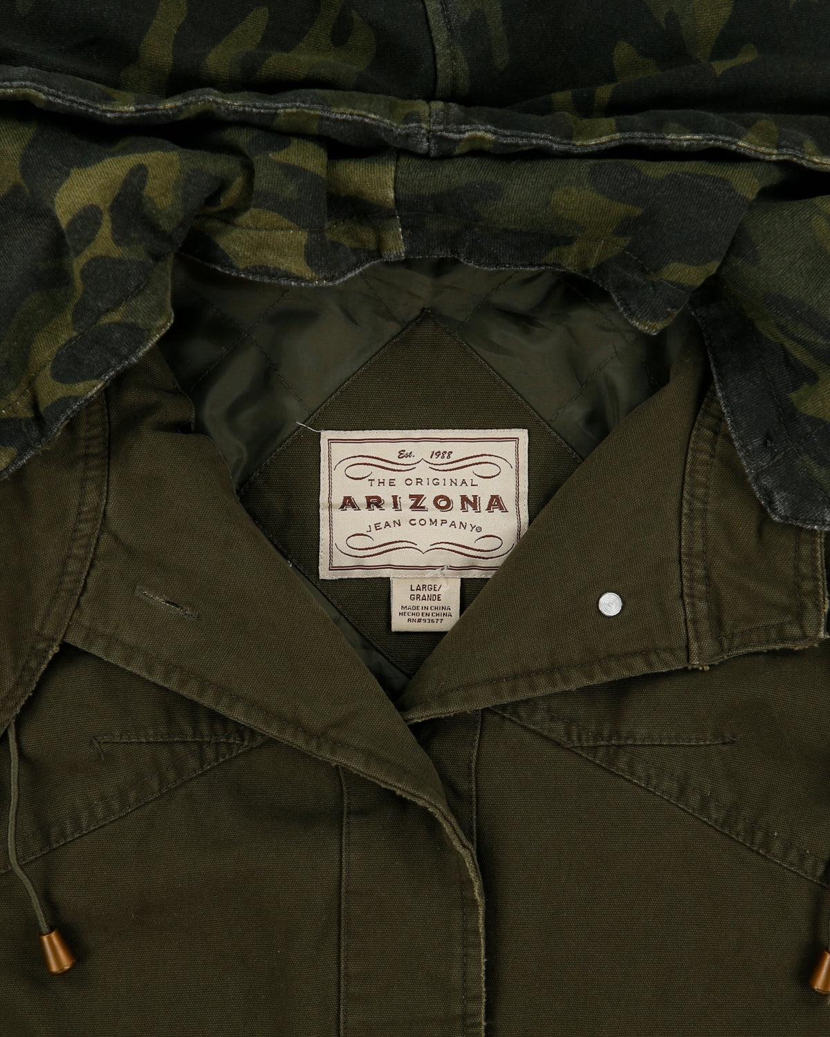 Vintage Y2K 00s Arizona Jeans Women's Khaki Camo Canvas 2-In-1 Cropped Military Jacket - L