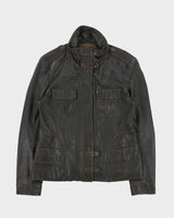 Vintage Y2K 00s Danier Women's Brown Distressed Calfskin Leather Moto Jacket - L