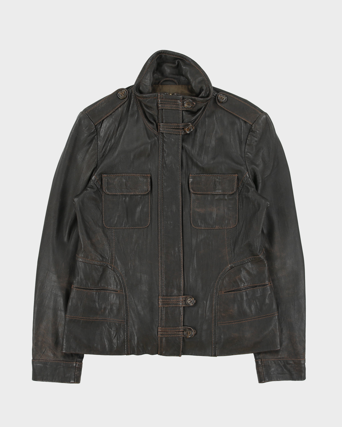 Vintage Y2K 00s Danier Women's Brown Distressed Calfskin Leather Moto Jacket - L