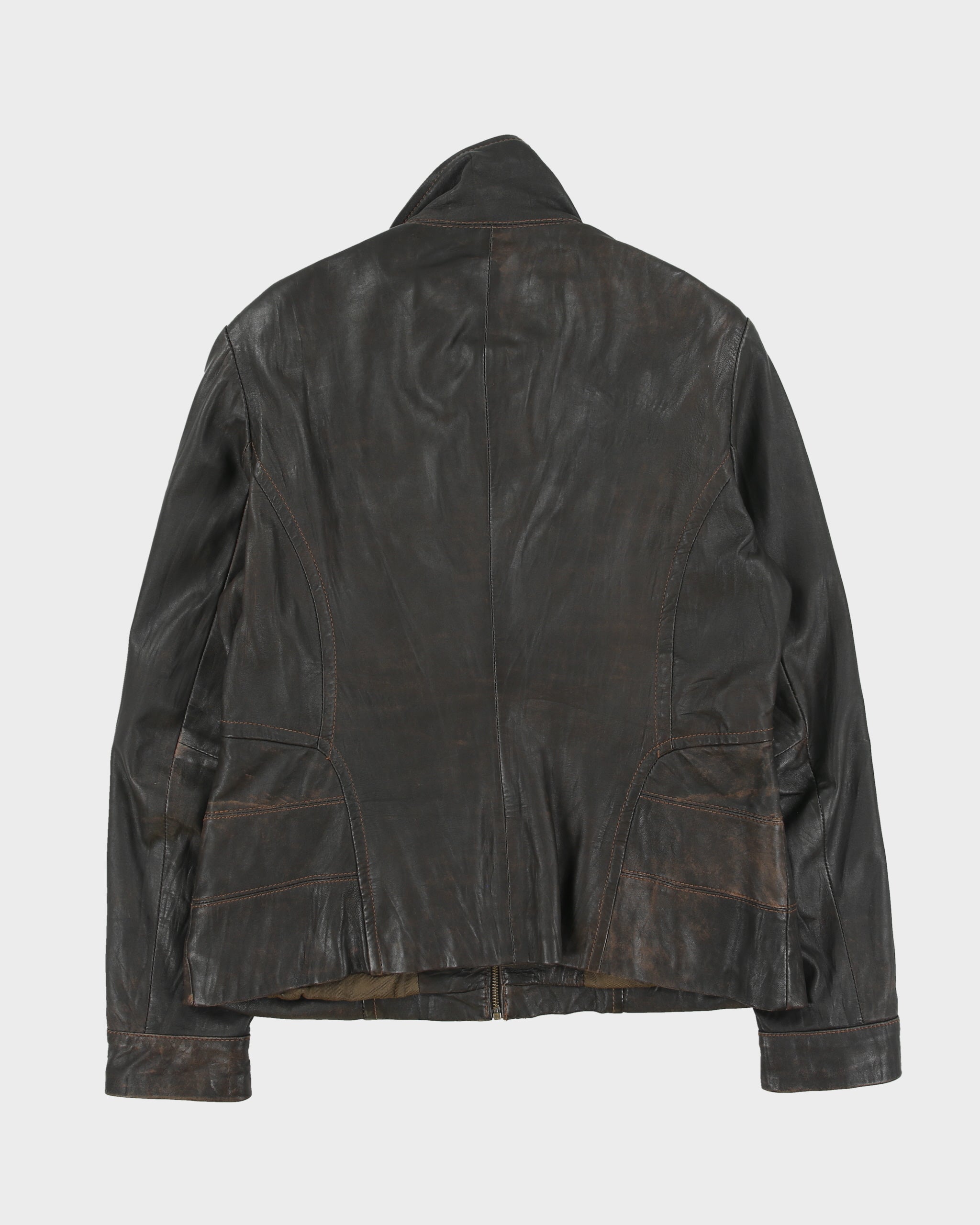 Vintage Y2K 00s Danier Women's Brown Distressed Calfskin Leather Moto Jacket - L
