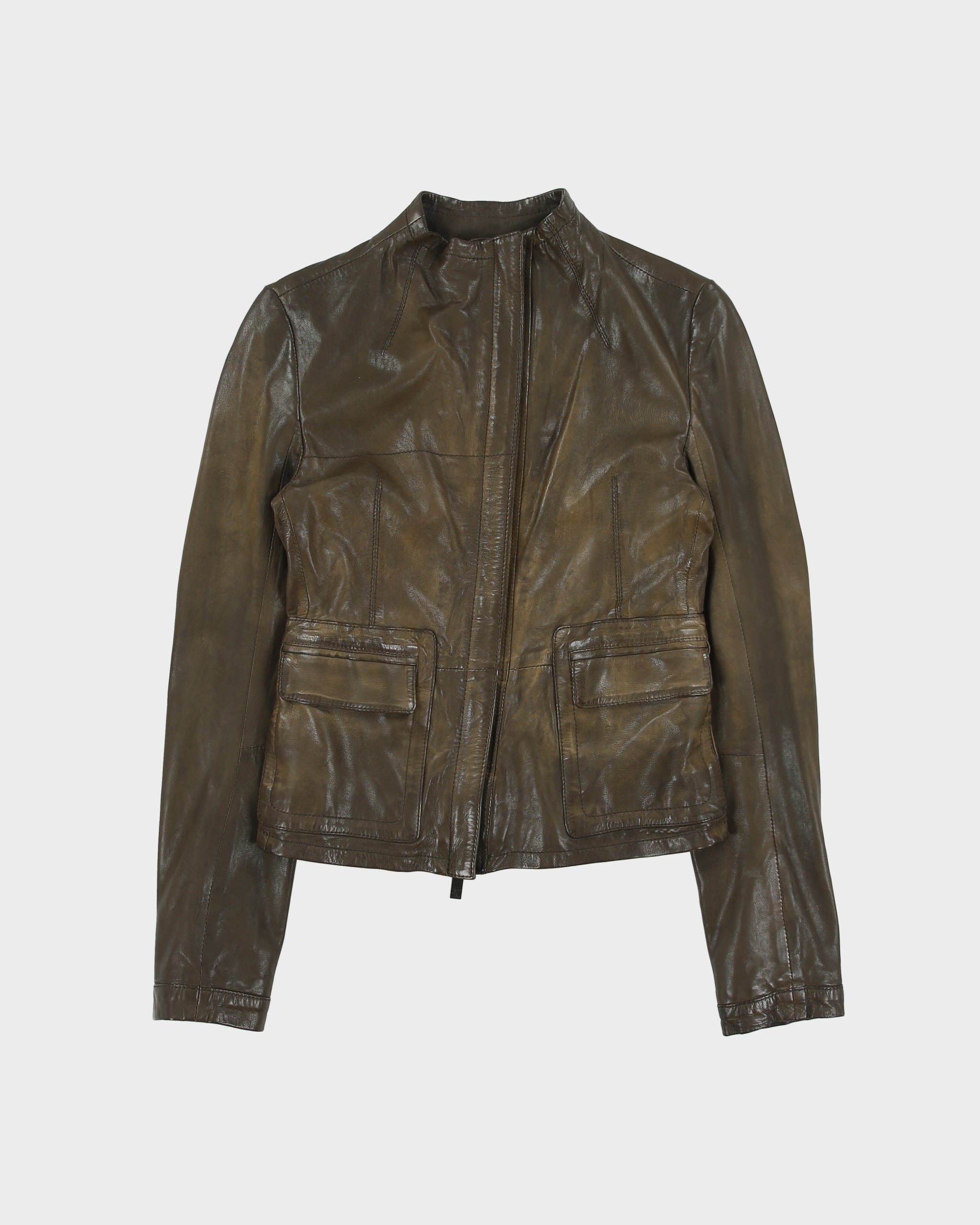 Vintage Hugo Boss Orange Joba Women's Distressed Lambskin Leather Asymmetrical Cafe Racer Moto Jacket - XS
