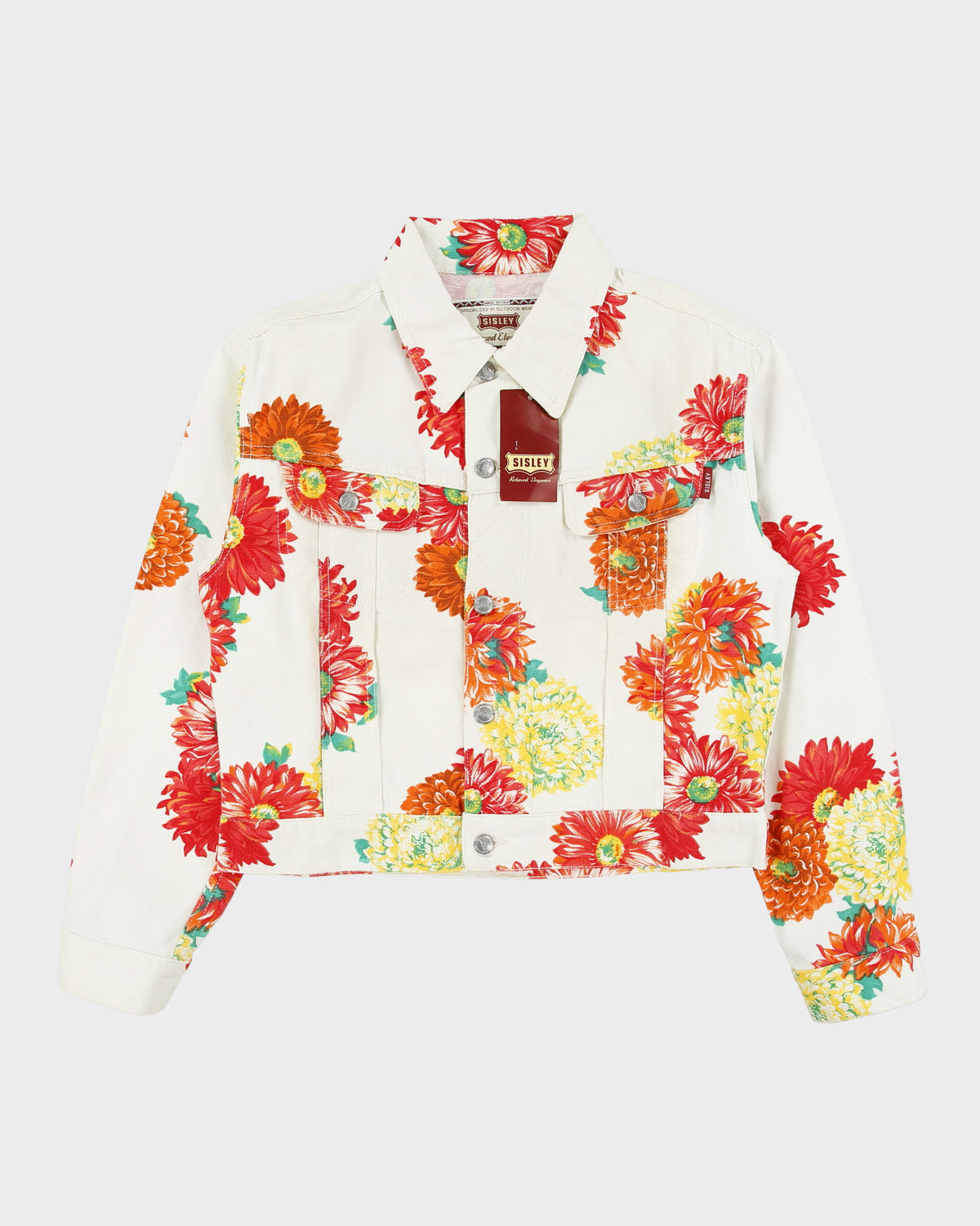 DSWT Vintage 1980s Sisley Women's Floral Cropped Canvas Denim Jacket - M
