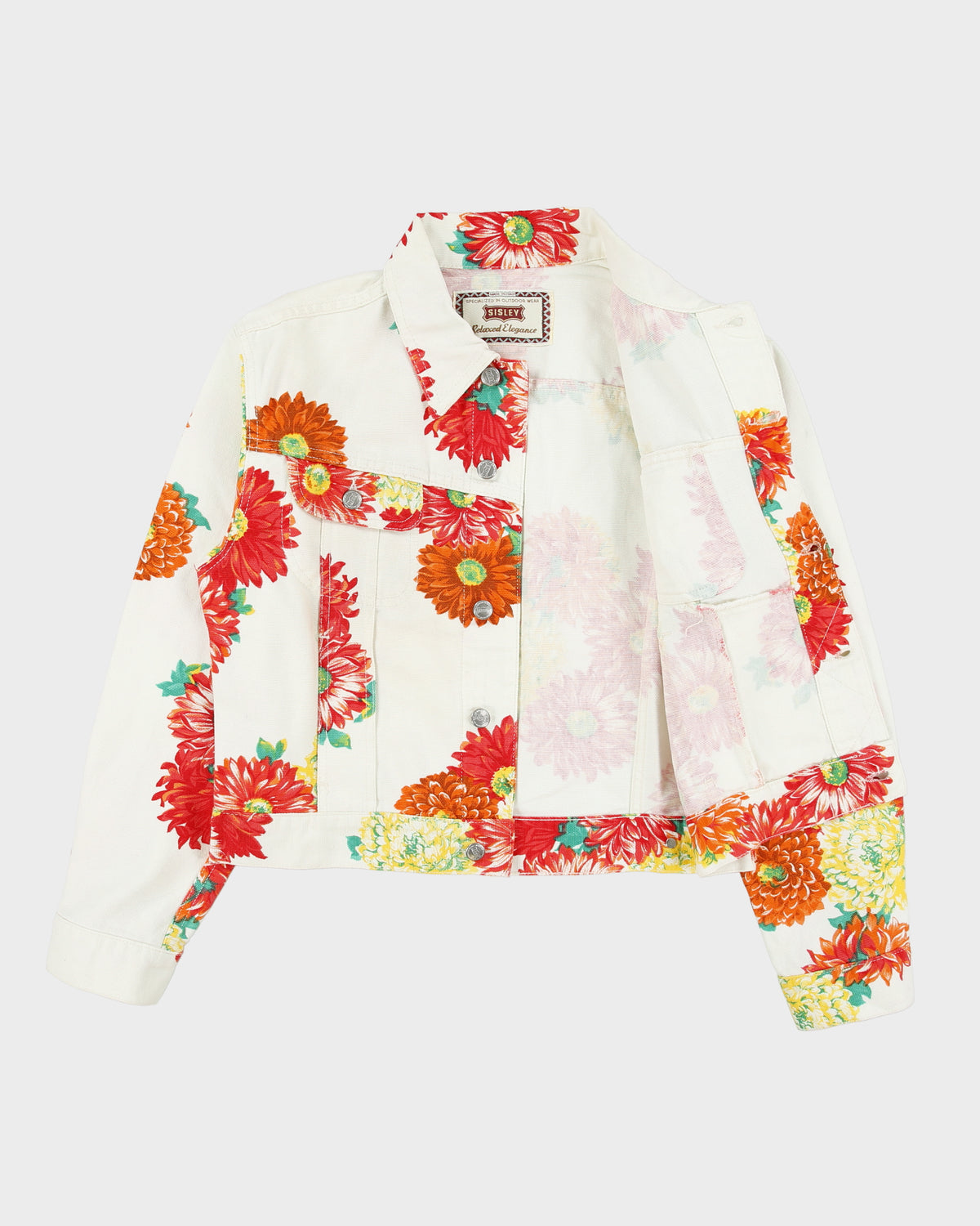 DSWT Vintage 1980s Sisley Women's Floral Cropped Canvas Denim Jacket - M