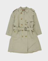 Vintage 1990s Burberry Women's Khaki Made &amp; Hand Finished In England Nova Check Lined Double Breasted Trench Coat - S