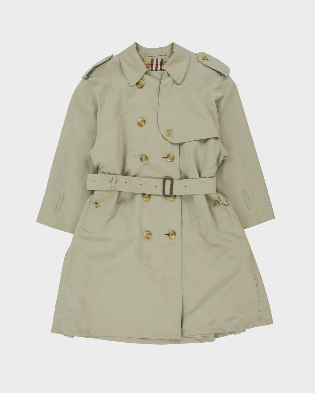 Vintage 1990s Burberry Women's Khaki Made &amp; Hand Finished In England Nova Check Lined Double Breasted Trench Coat - S