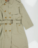 Vintage 1990s Burberry Women's Khaki Made &amp; Hand Finished In England Nova Check Lined Double Breasted Trench Coat - S