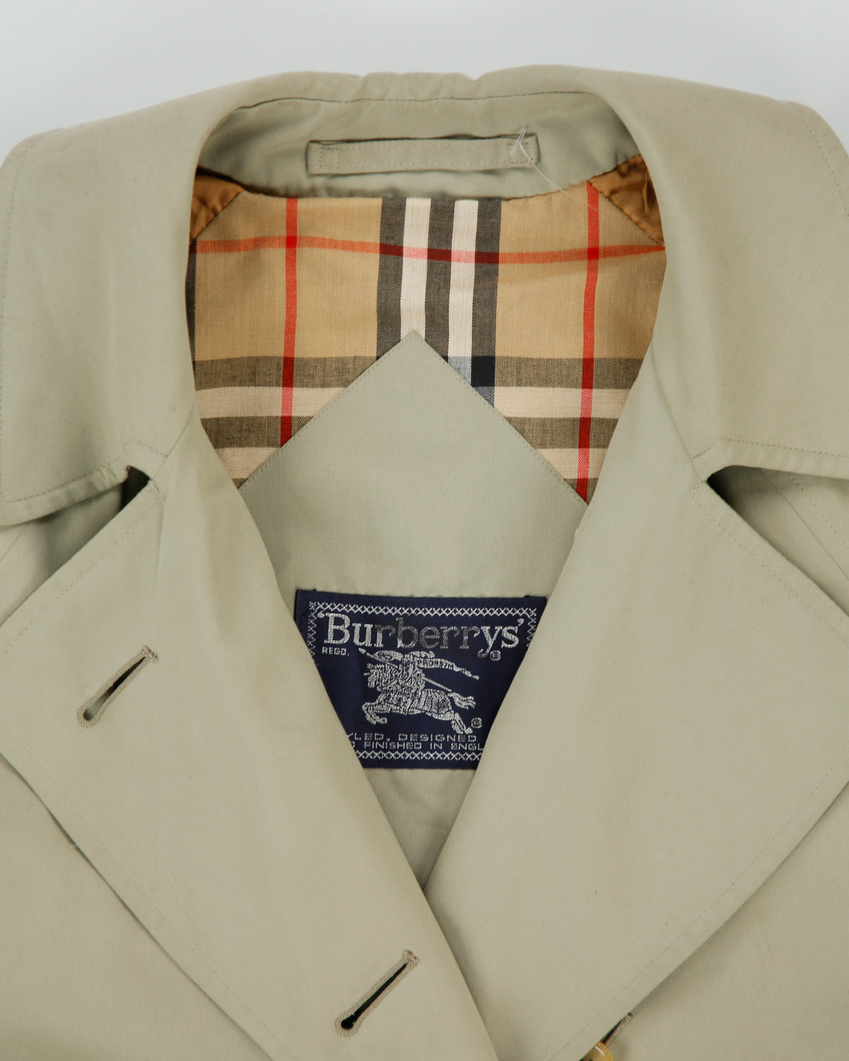 Vintage 1990s Burberry Women's Khaki Made &amp; Hand Finished In England Nova Check Lined Double Breasted Trench Coat - S
