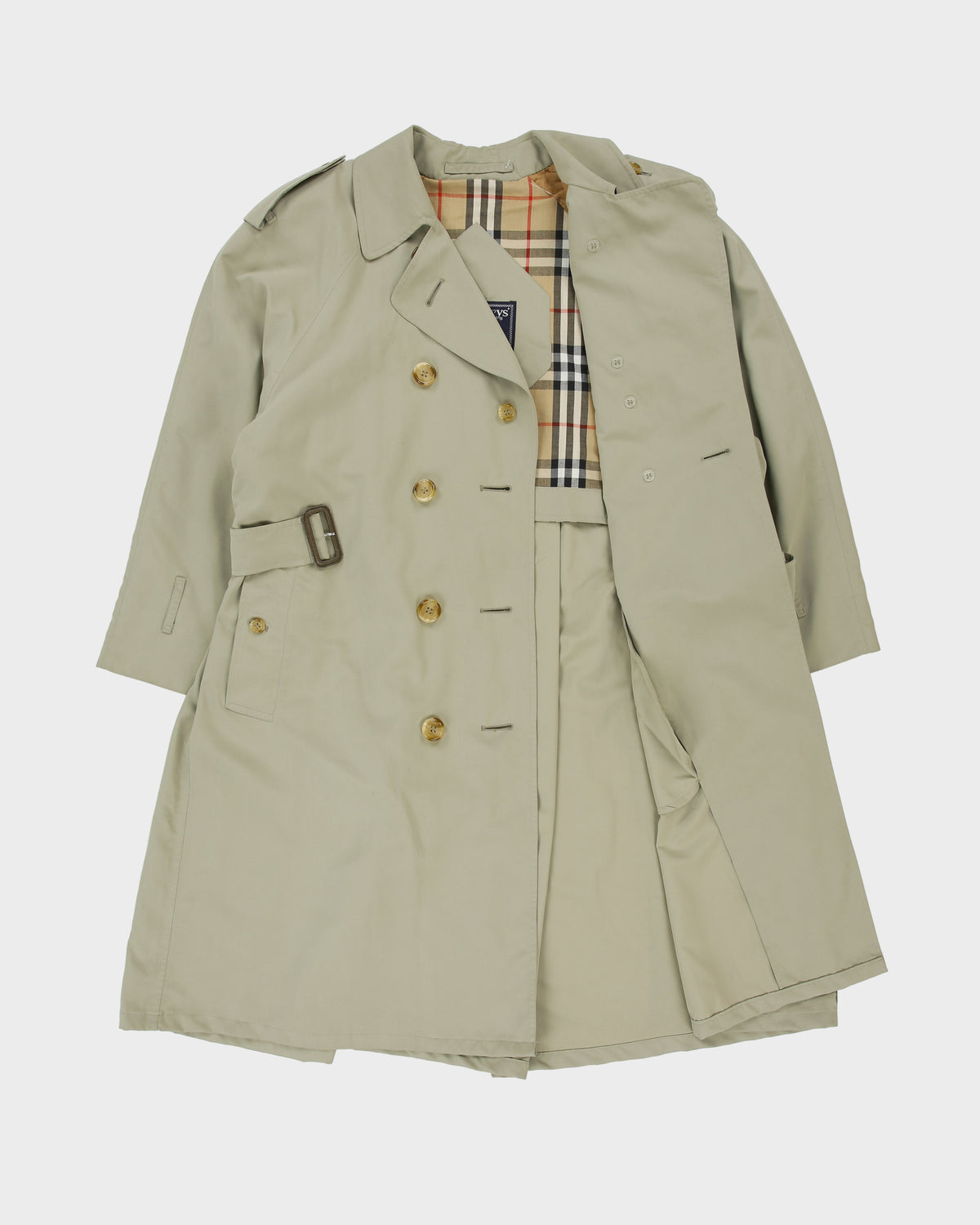 Vintage 1990s Burberry Women's Khaki Made &amp; Hand Finished In England Nova Check Lined Double Breasted Trench Coat - S