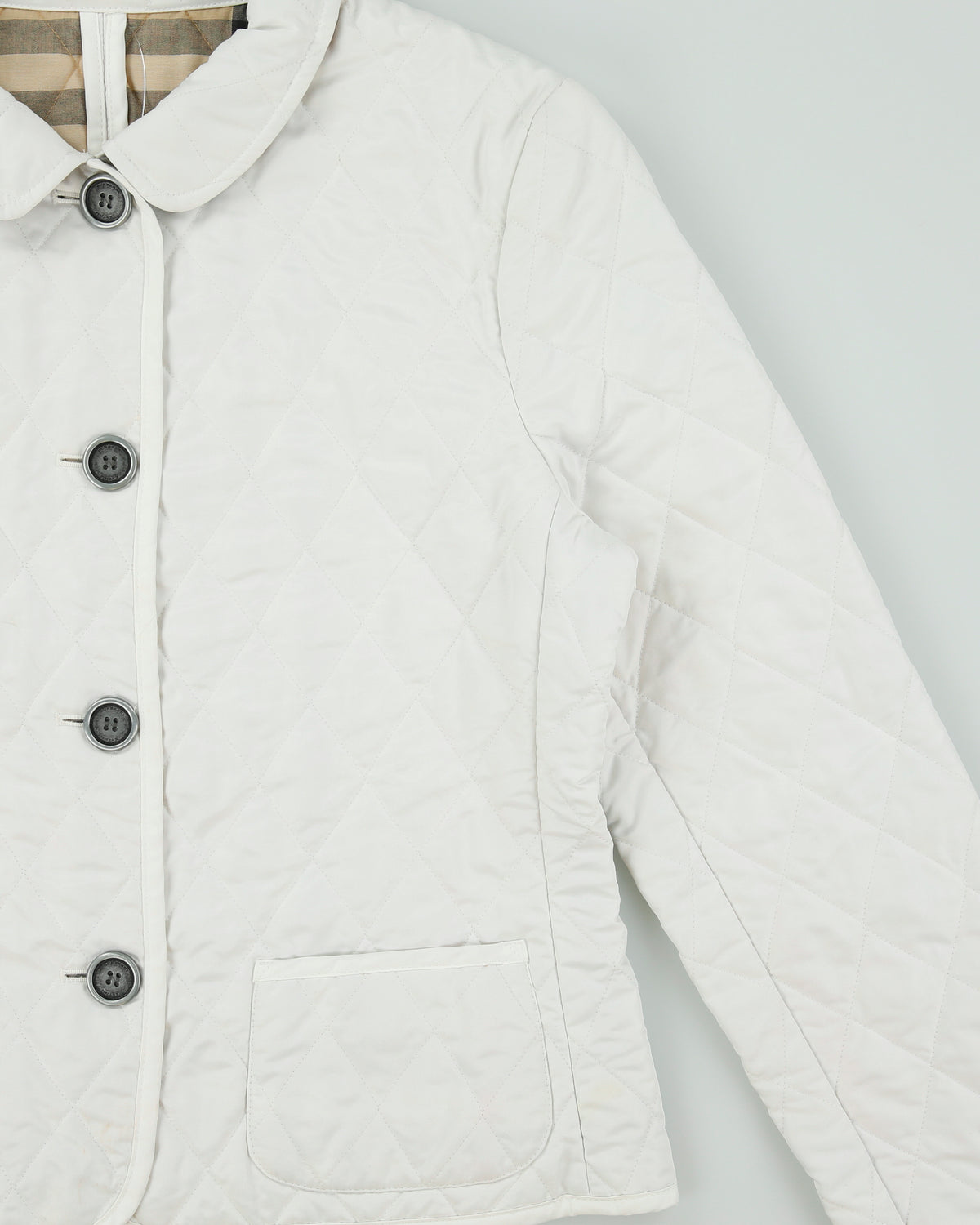 Vintage Y2K 00s Burberry Women's White Nova Check Lined Cropped Quilted Slim Fit Jacket - L