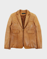 Vintage 1990s Karen Millen Women's Tan Calfskin Leather Whipstitch Western Blazer Jacket - M
