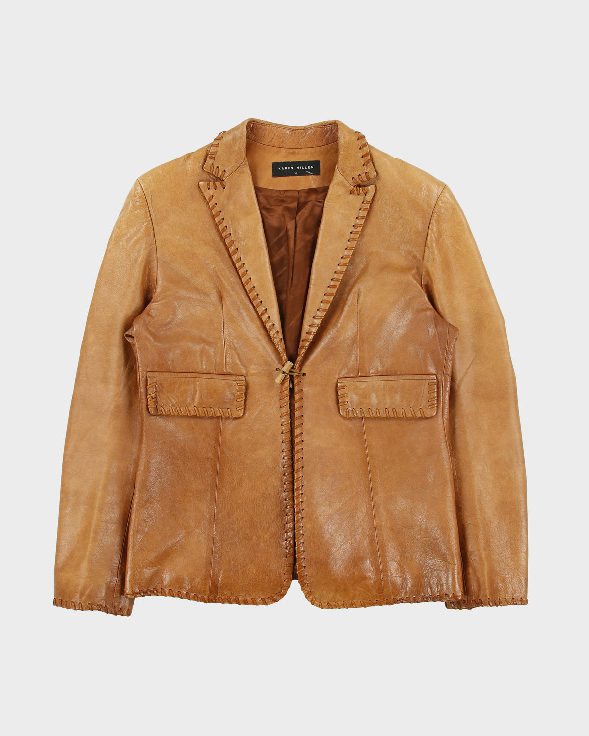 Vintage 1990s Karen Millen Women's Tan Calfskin Leather Whipstitch Western Blazer Jacket - M