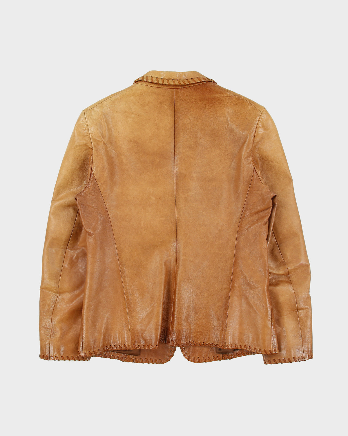 Vintage 1990s Karen Millen Women's Tan Calfskin Leather Whipstitch Western Blazer Jacket - M