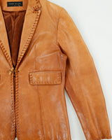 Vintage 1990s Karen Millen Women's Tan Calfskin Leather Whipstitch Western Blazer Jacket - M