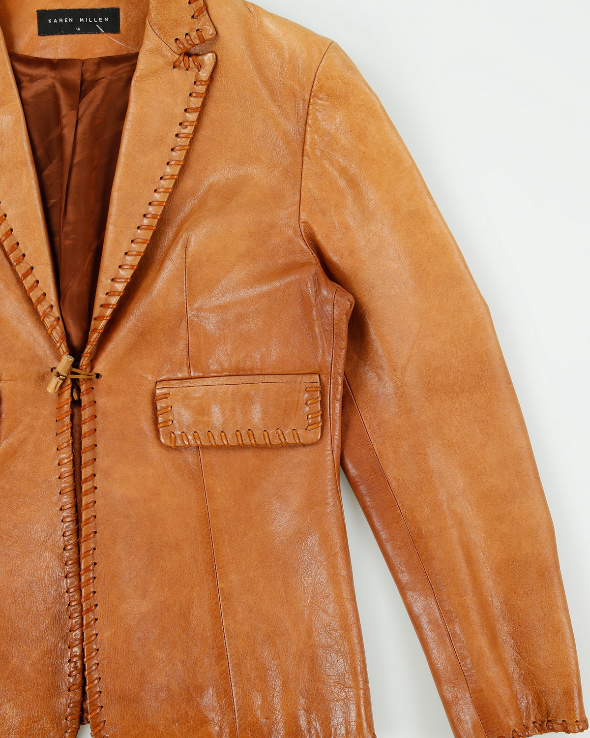 Vintage 1990s Karen Millen Women's Tan Calfskin Leather Whipstitch Western Blazer Jacket - M
