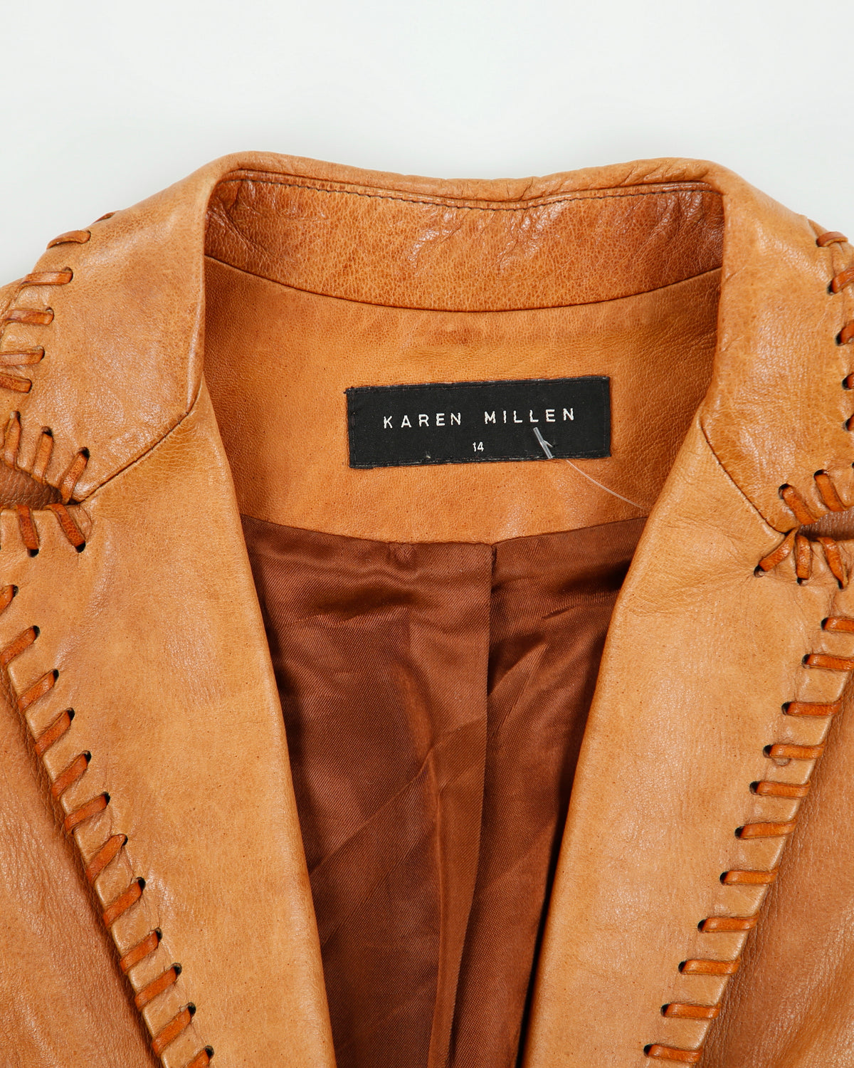 Vintage 1990s Karen Millen Women's Tan Calfskin Leather Whipstitch Western Blazer Jacket - M
