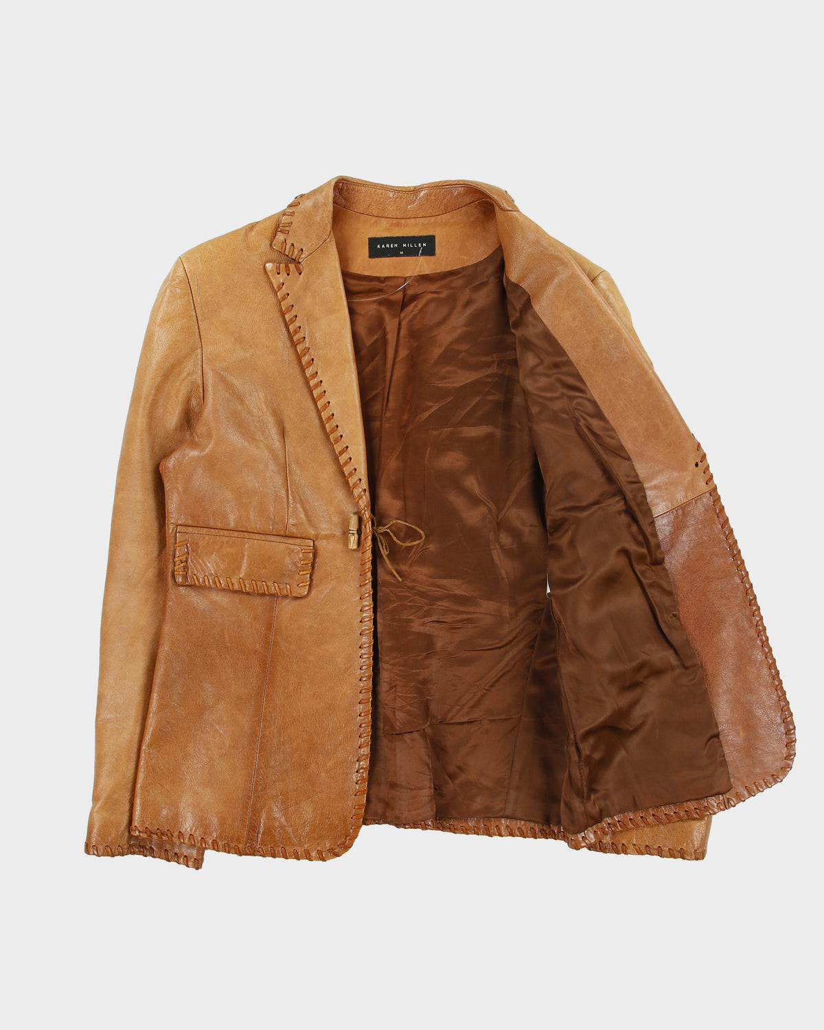 Vintage 1990s Karen Millen Women's Tan Calfskin Leather Whipstitch Western Blazer Jacket - M