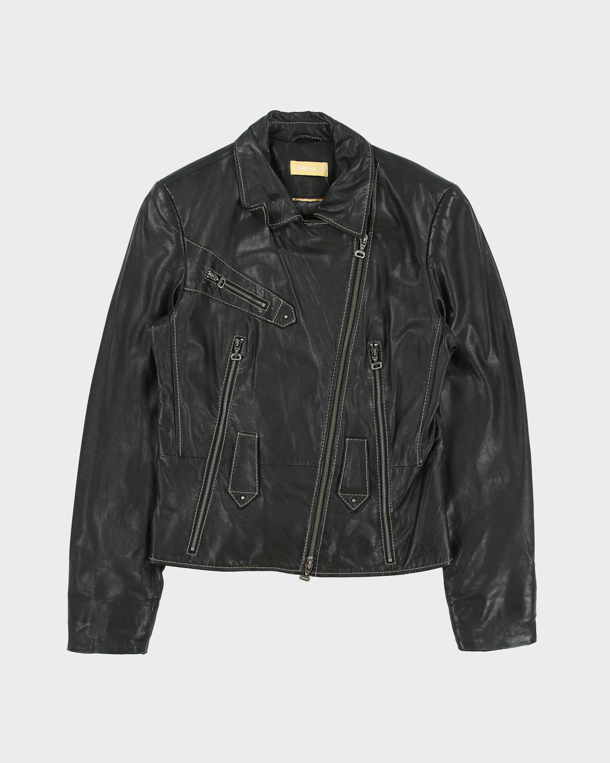 Vintage Y2K 00s Crisca Women's Lambskin Leather Contrast Stitch Moto Biker Jacket - M