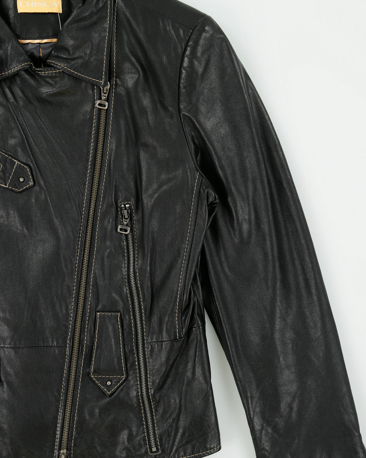 Vintage Y2K 00s Crisca Women's Lambskin Leather Contrast Stitch Moto Biker Jacket - M