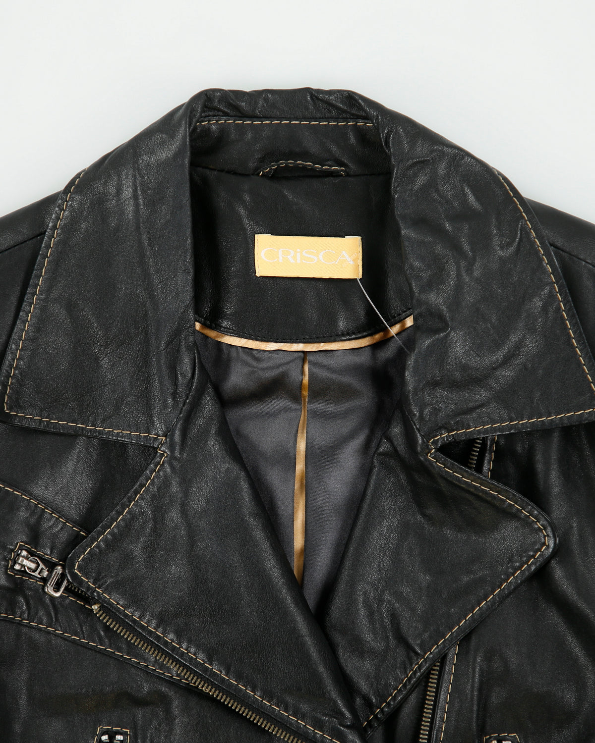 Vintage Y2K 00s Crisca Women's Lambskin Leather Contrast Stitch Moto Biker Jacket - M