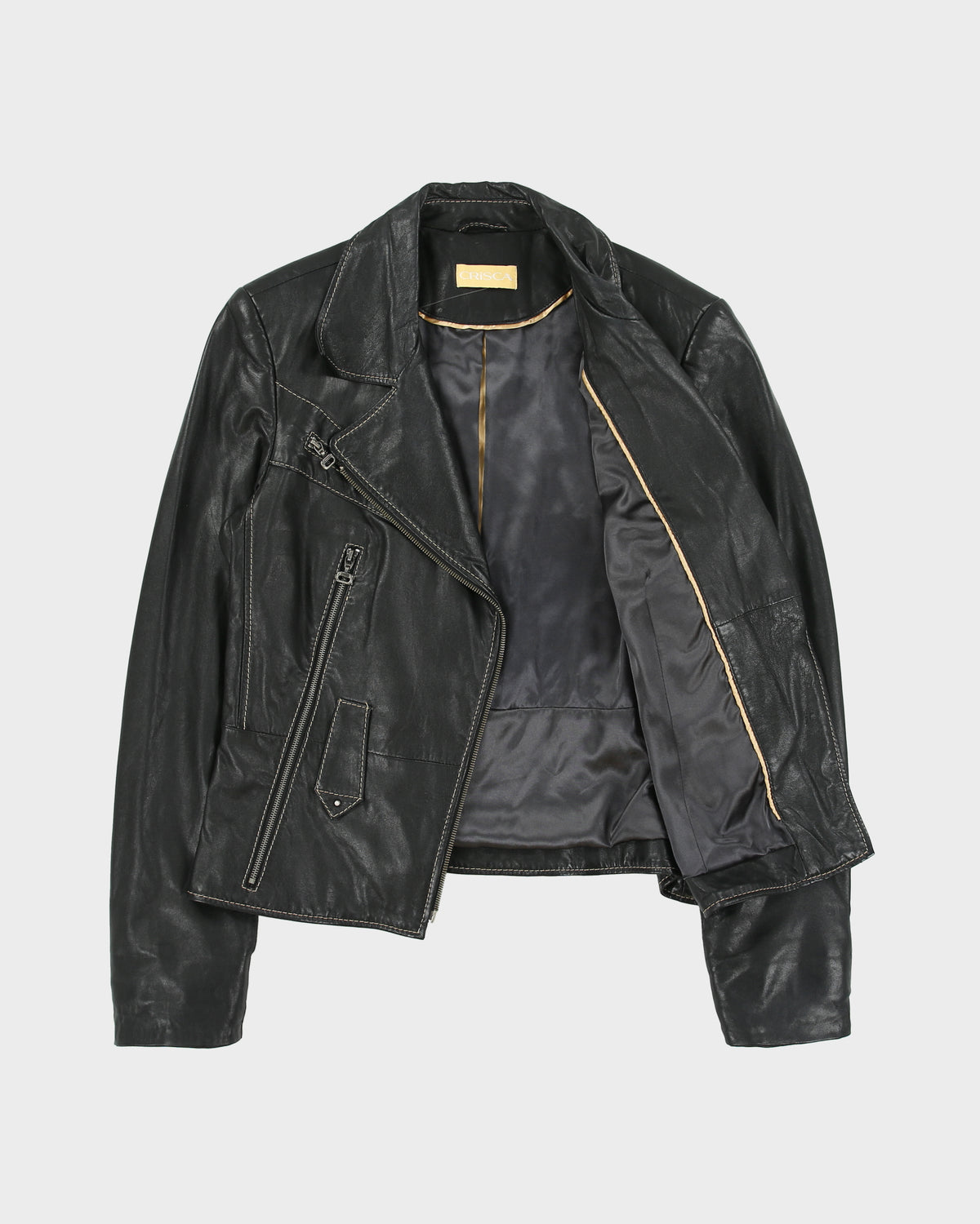 Vintage Y2K 00s Crisca Women's Lambskin Leather Contrast Stitch Moto Biker Jacket - M