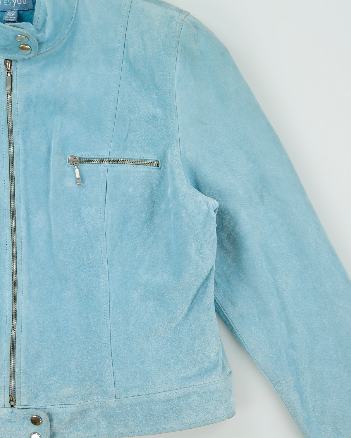 Vintage Y2K 00s Très You Women's Aqua Blue Suede Cafe Racer Moto Jacket - XL