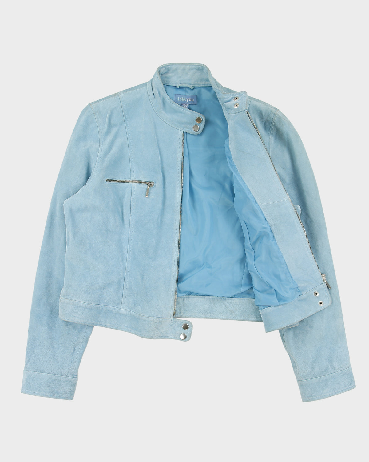Vintage Y2K 00s Très You Women's Aqua Blue Suede Cafe Racer Moto Jacket - XL