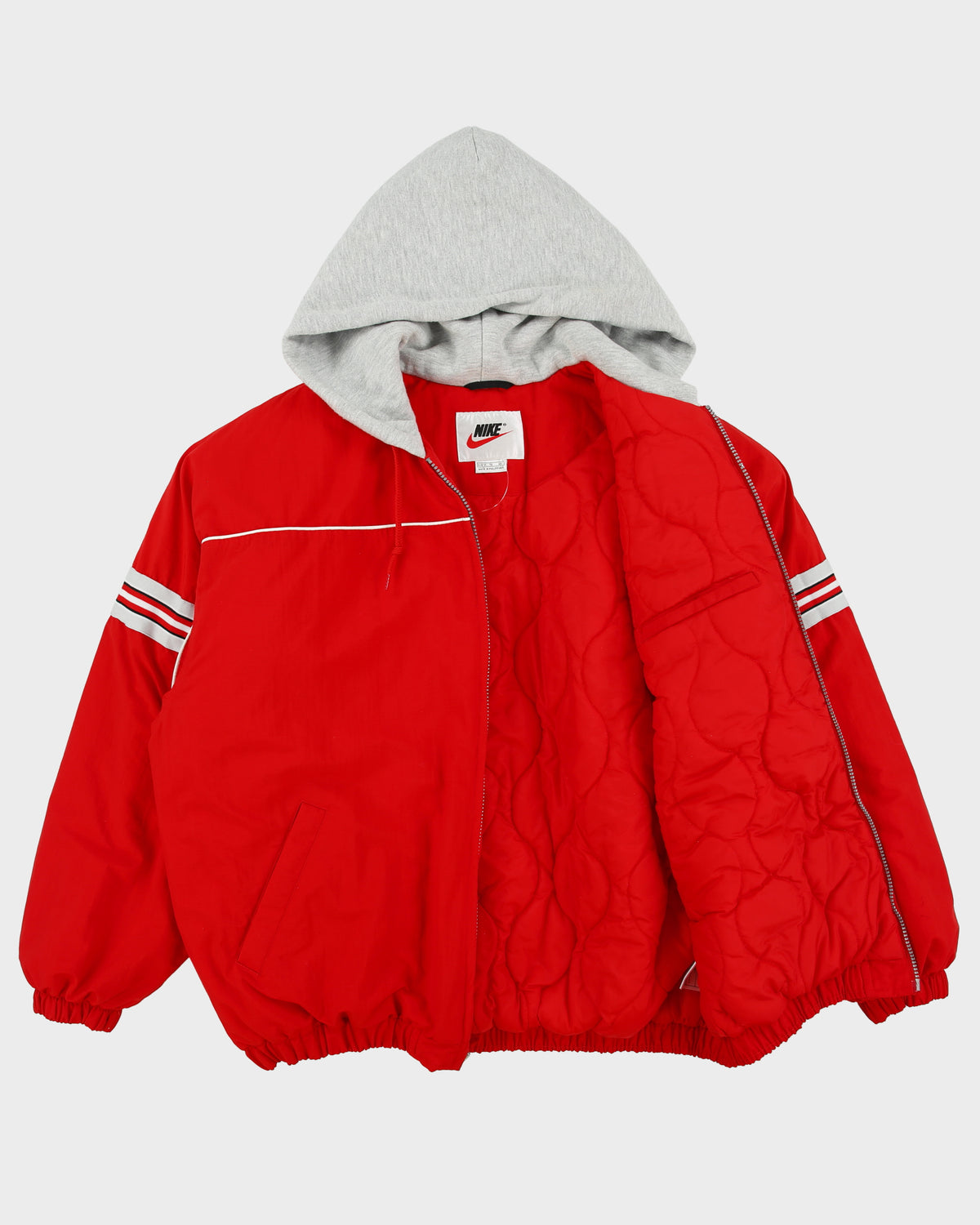 Vintage 1990s Nike Women's Quilt Lined Striped Shell Hooded Puffer Jacket - XL