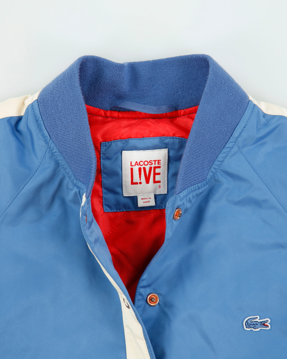 Vintage Lacoste Live Women's Quilt Lined Satin Blue Croc Bomber Jacket - S
