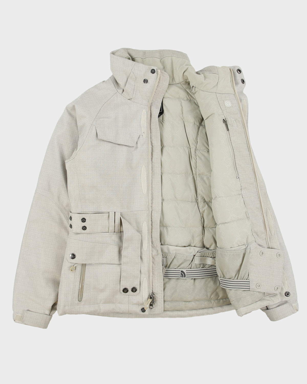 Vintage Y2K 00s The North Face Women's Ivory Plaid 600 Goose Down Hyvent Belted Ski Puffer Jacket - XS