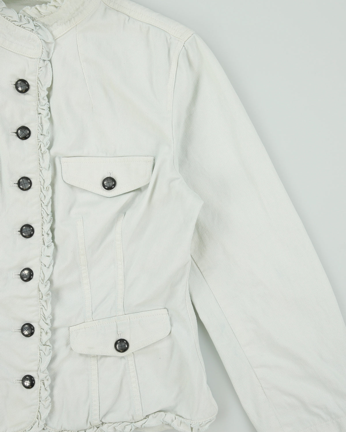 Vintage Y2K 00s Etcetera Women's Baby Blue Rinse Denim Ruffle Jacket - S