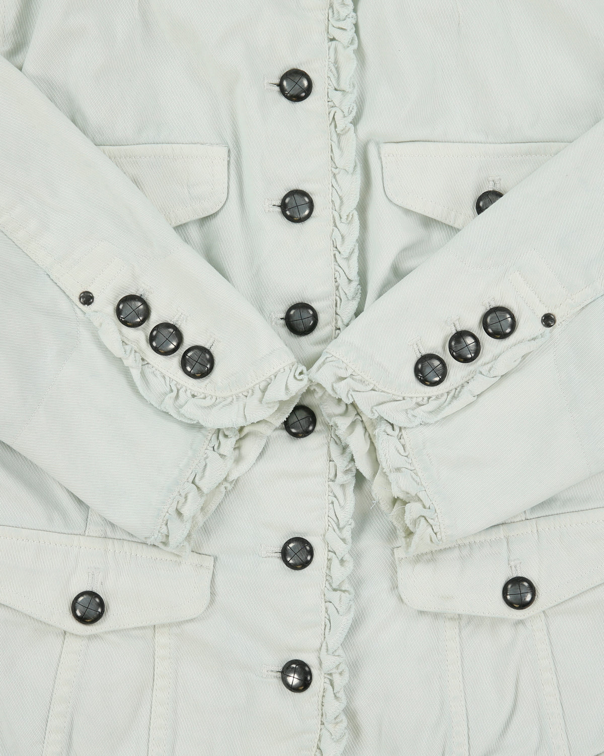 Vintage Y2K 00s Etcetera Women's Baby Blue Rinse Denim Ruffle Jacket - S