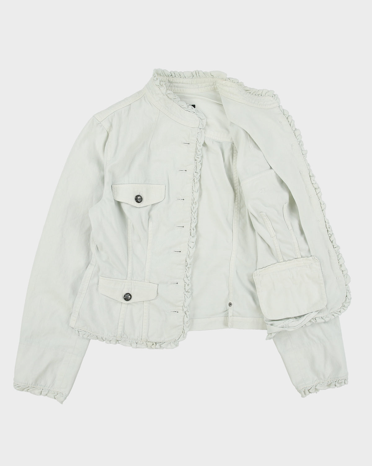 Vintage Y2K 00s Etcetera Women's Baby Blue Rinse Denim Ruffle Jacket - S