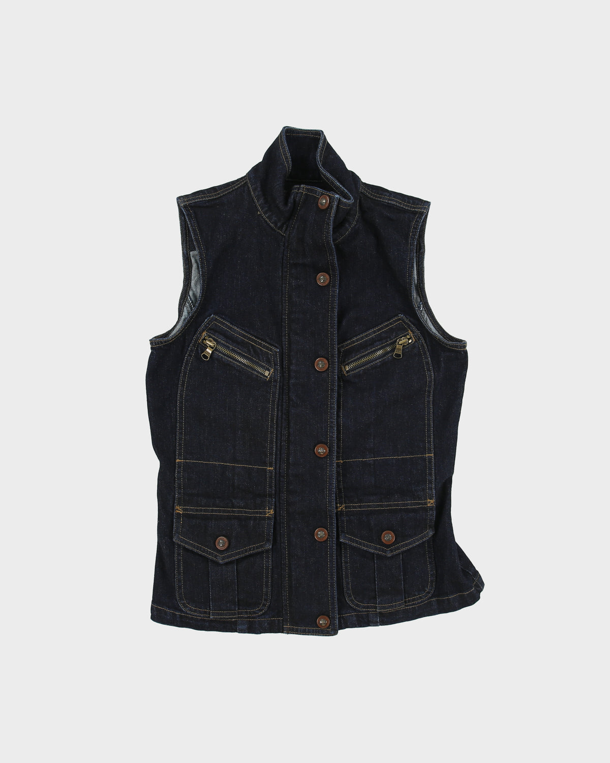 Vintage Y2K 00s Lauren Jeans Ralph Lauren Women's Indigo Denim Patch Pocket Funnel Neck Sleeveless Jacket - S
