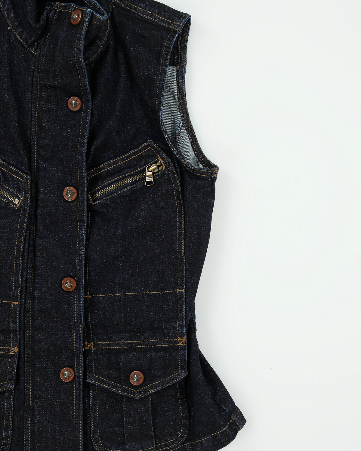 Vintage Y2K 00s Lauren Jeans Ralph Lauren Women's Indigo Denim Patch Pocket Funnel Neck Sleeveless Jacket - S