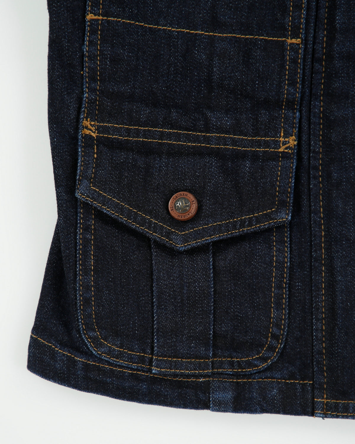 Vintage Y2K 00s Lauren Jeans Ralph Lauren Women's Indigo Denim Patch Pocket Funnel Neck Sleeveless Jacket - S