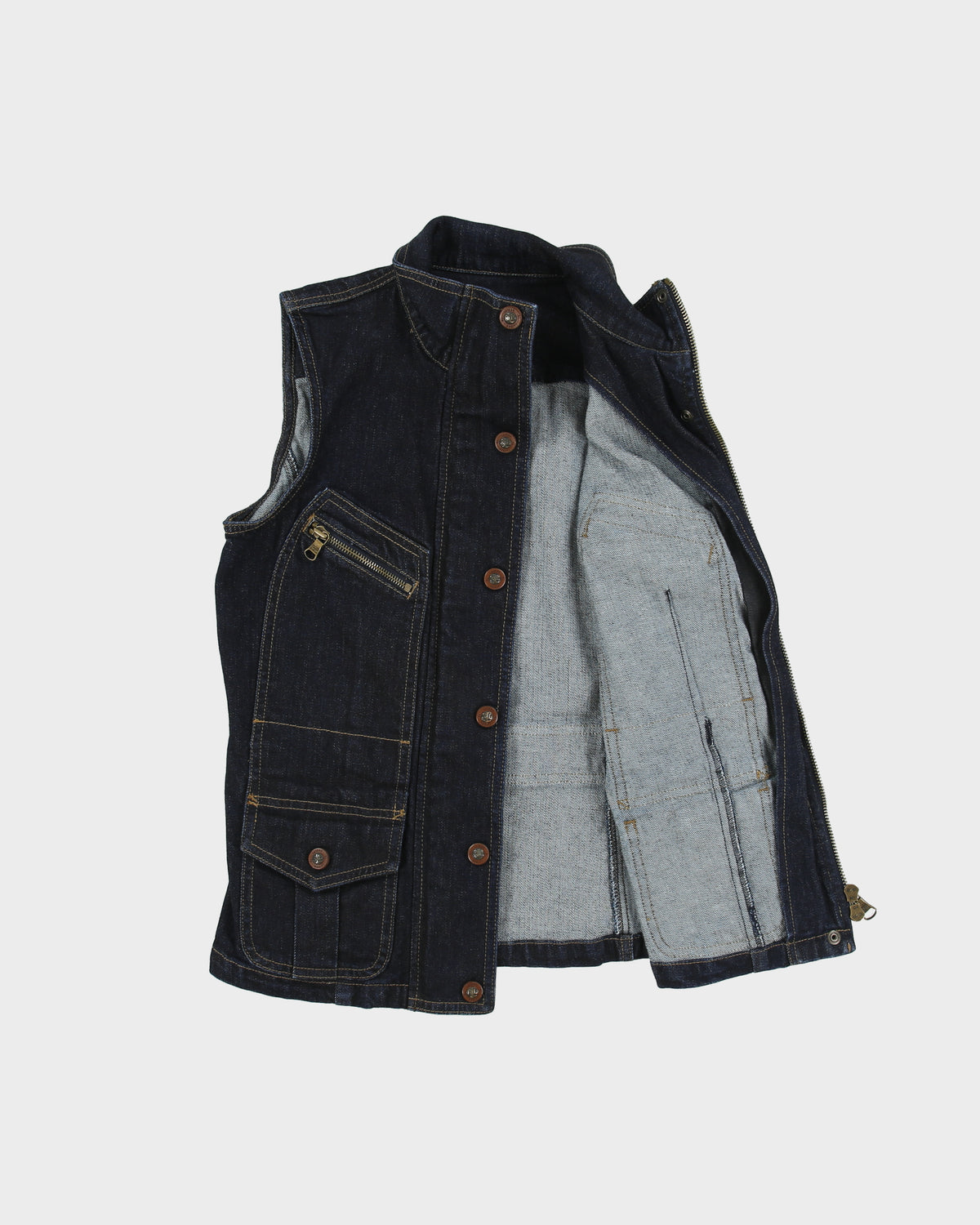 Vintage Y2K 00s Lauren Jeans Ralph Lauren Women's Indigo Denim Patch Pocket Funnel Neck Sleeveless Jacket - S