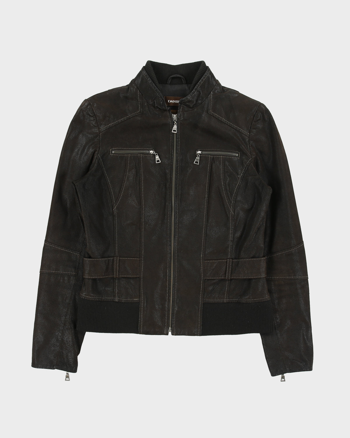 Vintage Y2K 00s Danier Women's Grained Leather Rib Cafe Racer Moto Jacket - M