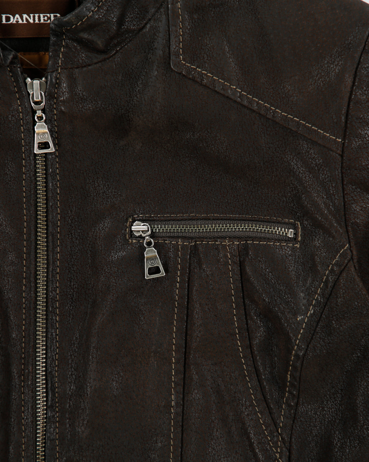 Vintage Y2K 00s Danier Women's Grained Leather Rib Cafe Racer Moto Jacket - M