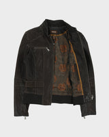 Vintage Y2K 00s Danier Women's Grained Leather Rib Cafe Racer Moto Jacket - M