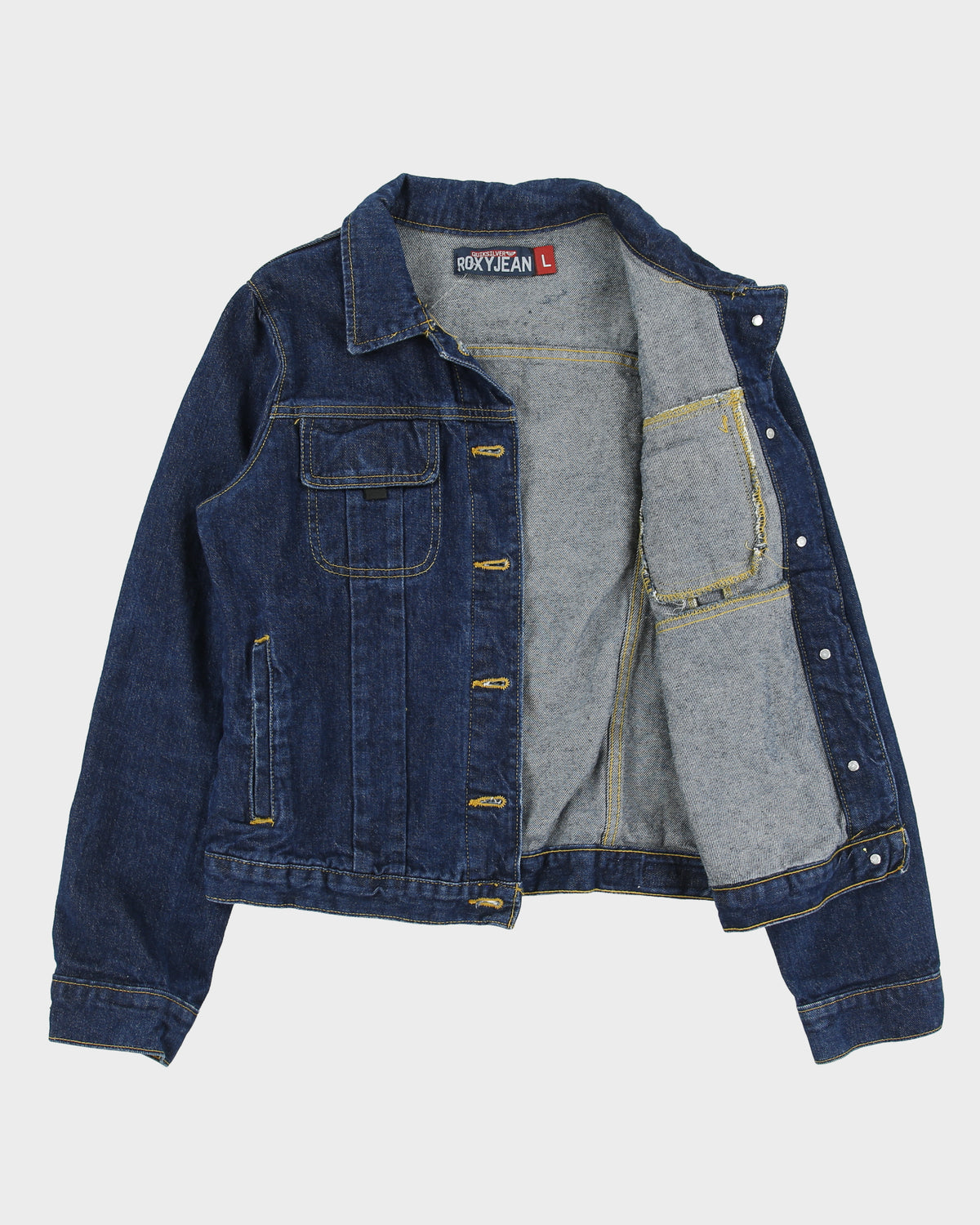 Vintage Y2K 00s Roxy Jean Quiksilver Made In USA Indigo Denim Trucker Jacket - L