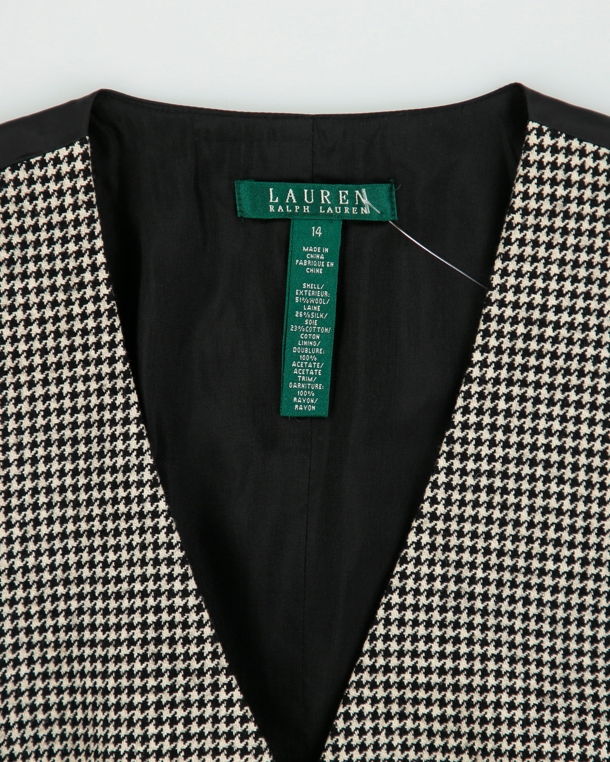 Vintage Lauren Ralph Lauren LRL Women's Houndstooth Silk Wool Pleated Waistcoat - L