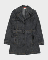 Vintage Y2K 00s Guess Jeans Women's Raw Denim Monogram Lined Belted Trench Coat - S