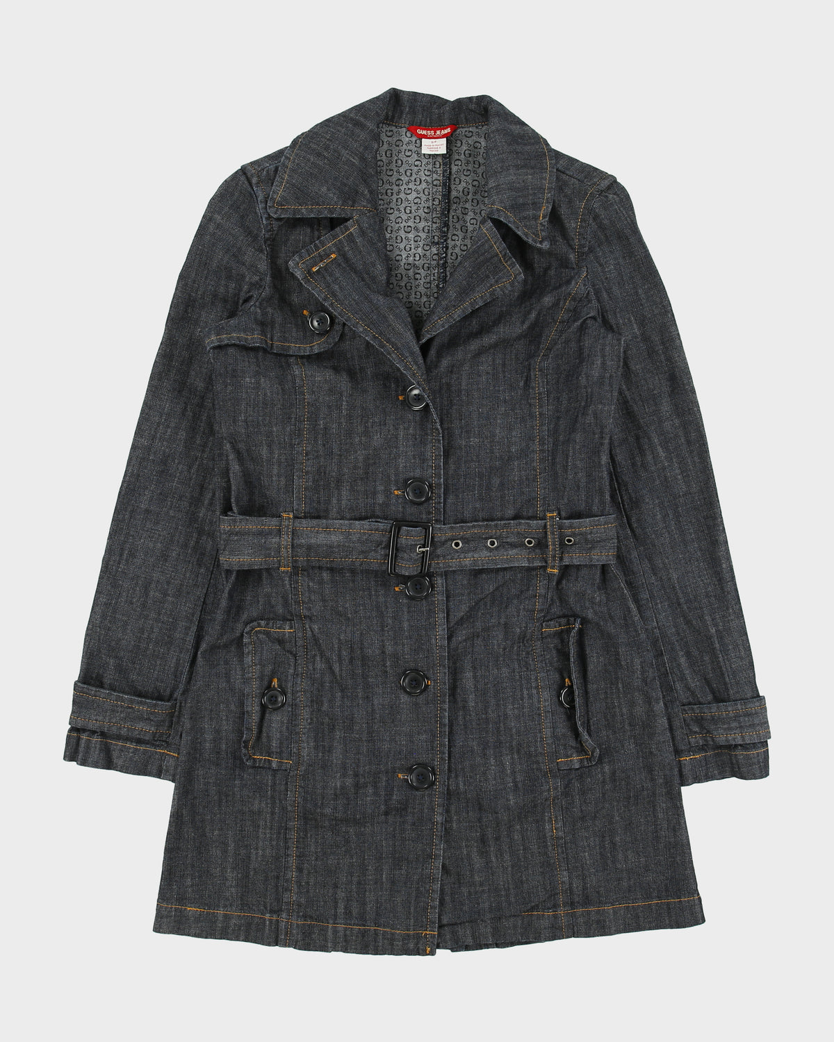 Vintage Y2K 00s Guess Jeans Women's Raw Denim Monogram Lined Belted Trench Coat - S