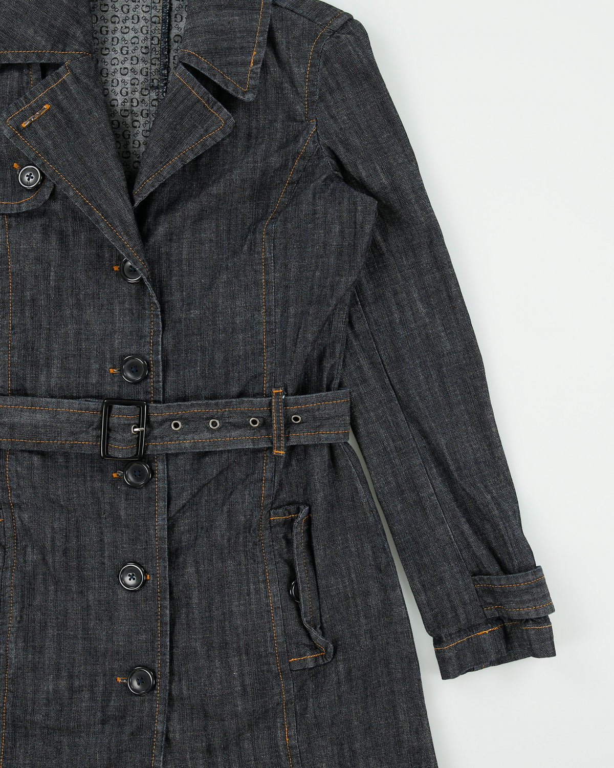 Vintage Y2K 00s Guess Jeans Women's Raw Denim Monogram Lined Belted Trench Coat - S
