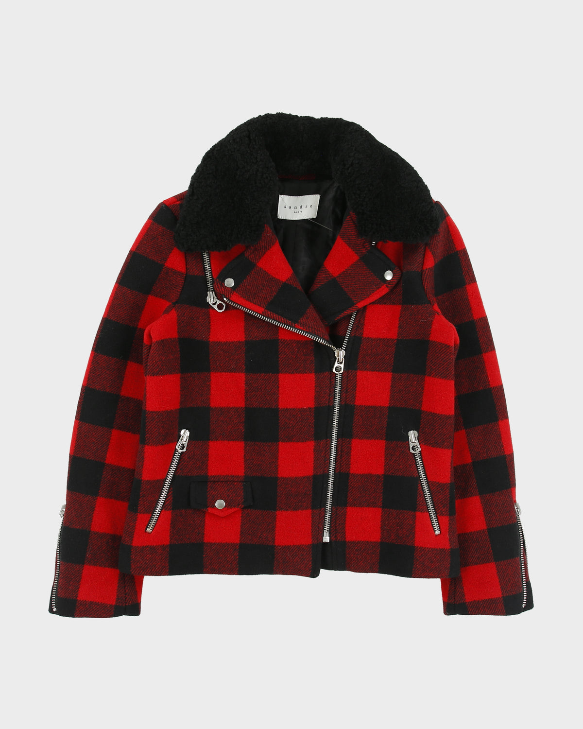 Sandro Women's Buffalo Plaid Wool Shearling Classic Biker Jacket - S