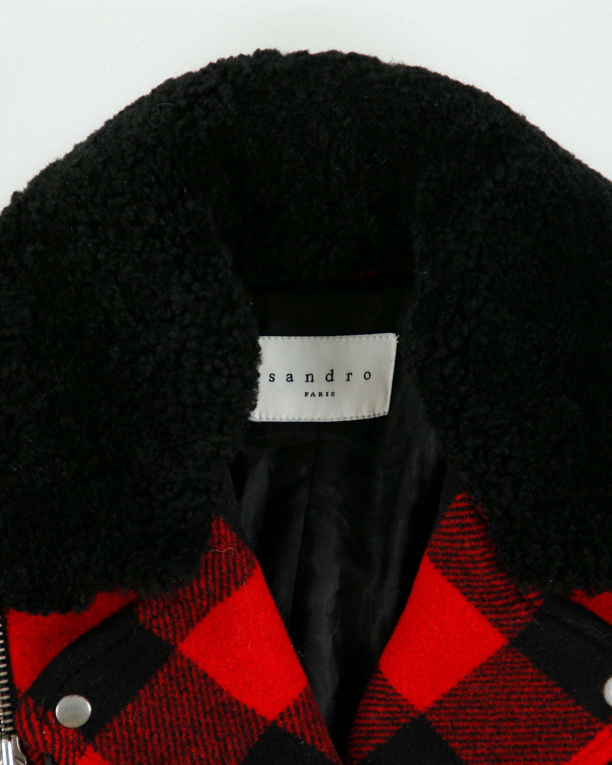 Sandro Women's Buffalo Plaid Wool Shearling Classic Biker Jacket - S