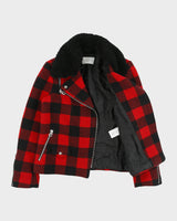 Sandro Women's Buffalo Plaid Wool Shearling Classic Biker Jacket - S