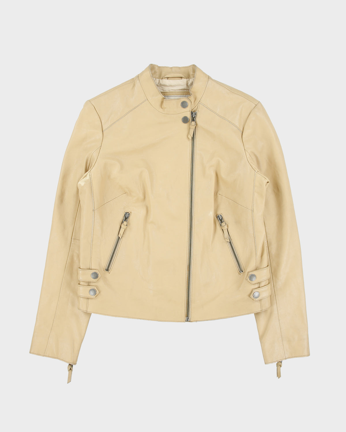 Vintage Y2K 00s Chevignon Women's Camel Tan Calfskin Leather Cafe Racer Biker Jacket - L